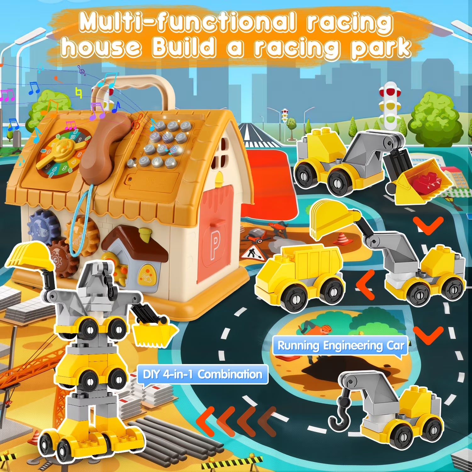 Toddler Montessori Toys for 1+ Year Old, 8-In-1 Multi-Functional Learning House, with 4 Building Cars and Map, Sound & Light Early Educational Kids Christmas Gifts