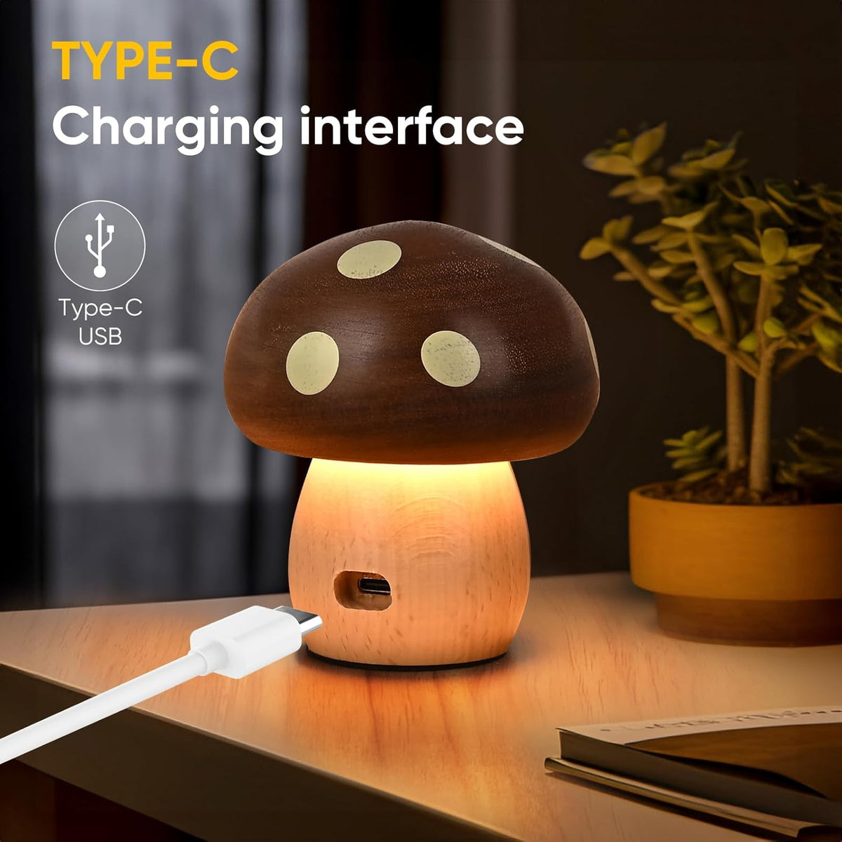 2Pack Wood Small Mushroom Table Lamp, LED Rechargeable Cordless Touch Bedside Lamps, Wireless Stepless Dimming Night Light, Portable Battery Lamp for Bedroom Nightstand for Birthday Gifts