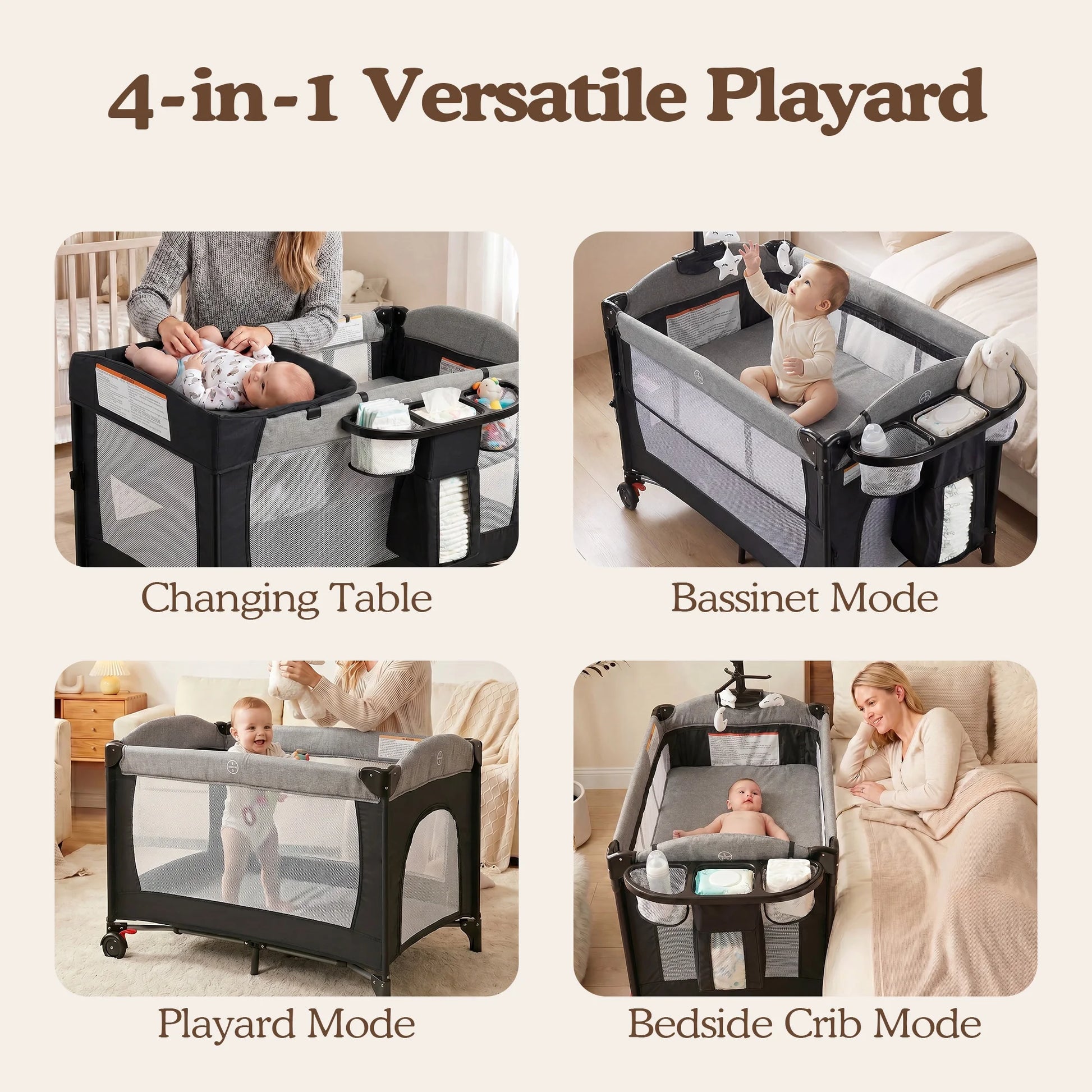 Foldable Baby Bedside Crib Bassinet, Infant Pack and Play Playard, Newborn Playpen Changing Table,Gray