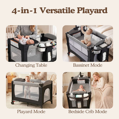 Foldable Baby Bedside Crib Bassinet, Infant Pack and Play Playard, Newborn Playpen Changing Table,Gray