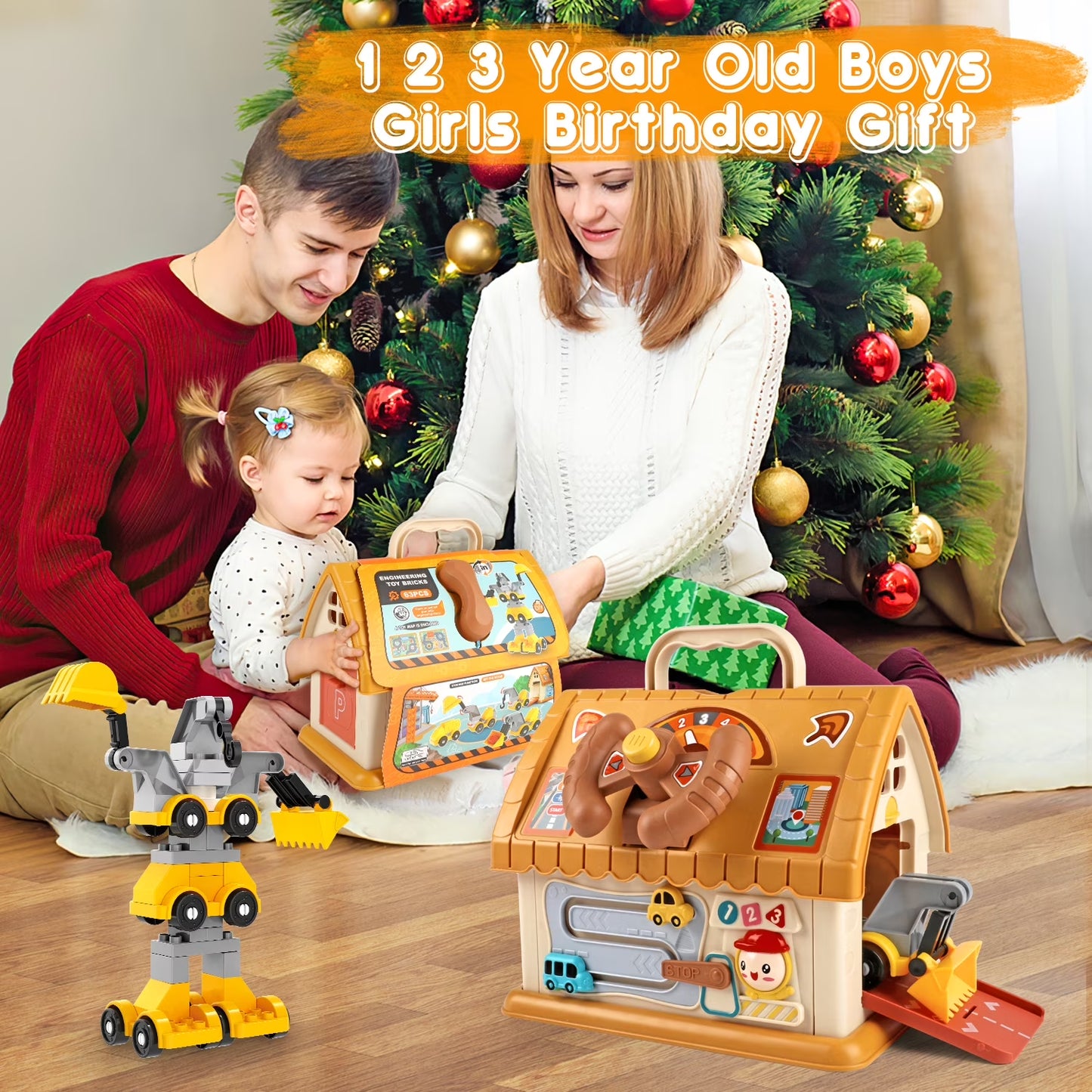Toddler Montessori Toys for 1+ Year Old, 8-In-1 Multi-Functional Learning House, with 4 Building Cars and Map, Sound & Light Early Educational Kids Christmas Gifts