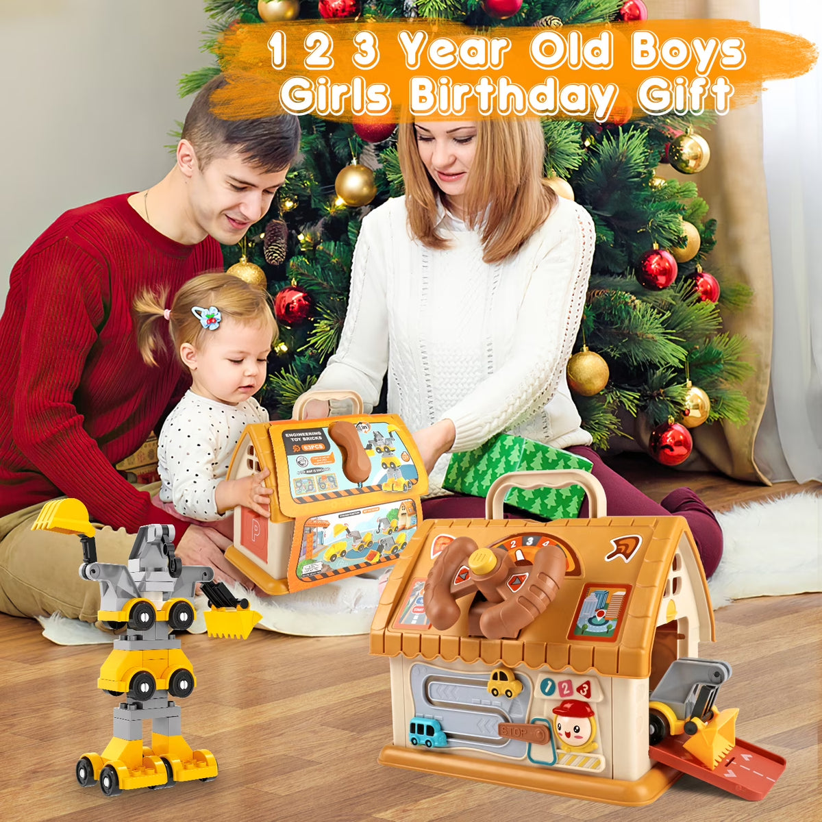 Toddler Montessori Toys for 1+ Year Old, 8-In-1 Multi-Functional Learning House, with 4 Building Cars and Map, Sound & Light Early Educational Kids Christmas Gifts