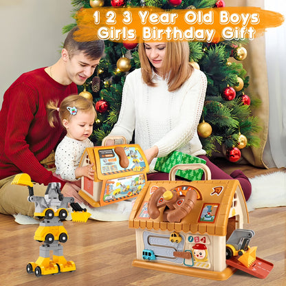 Toddler Montessori Toys for 1+ Year Old, 8-In-1 Multi-Functional Learning House, with 4 Building Cars and Map, Sound & Light Early Educational Kids Christmas Gifts