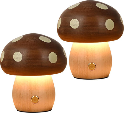 2Pack Wood Small Mushroom Table Lamp, LED Rechargeable Cordless Touch Bedside Lamps, Wireless Stepless Dimming Night Light, Portable Battery Lamp for Bedroom Nightstand for Birthday Gifts