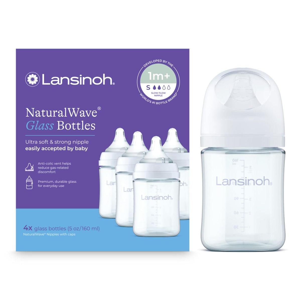 Glass Baby Bottles, Anti-Colic, White, 5Oz, 4 Count, with Slow Flow Nipples (Size S, 1-3 Months), Baby Feeding Essentials