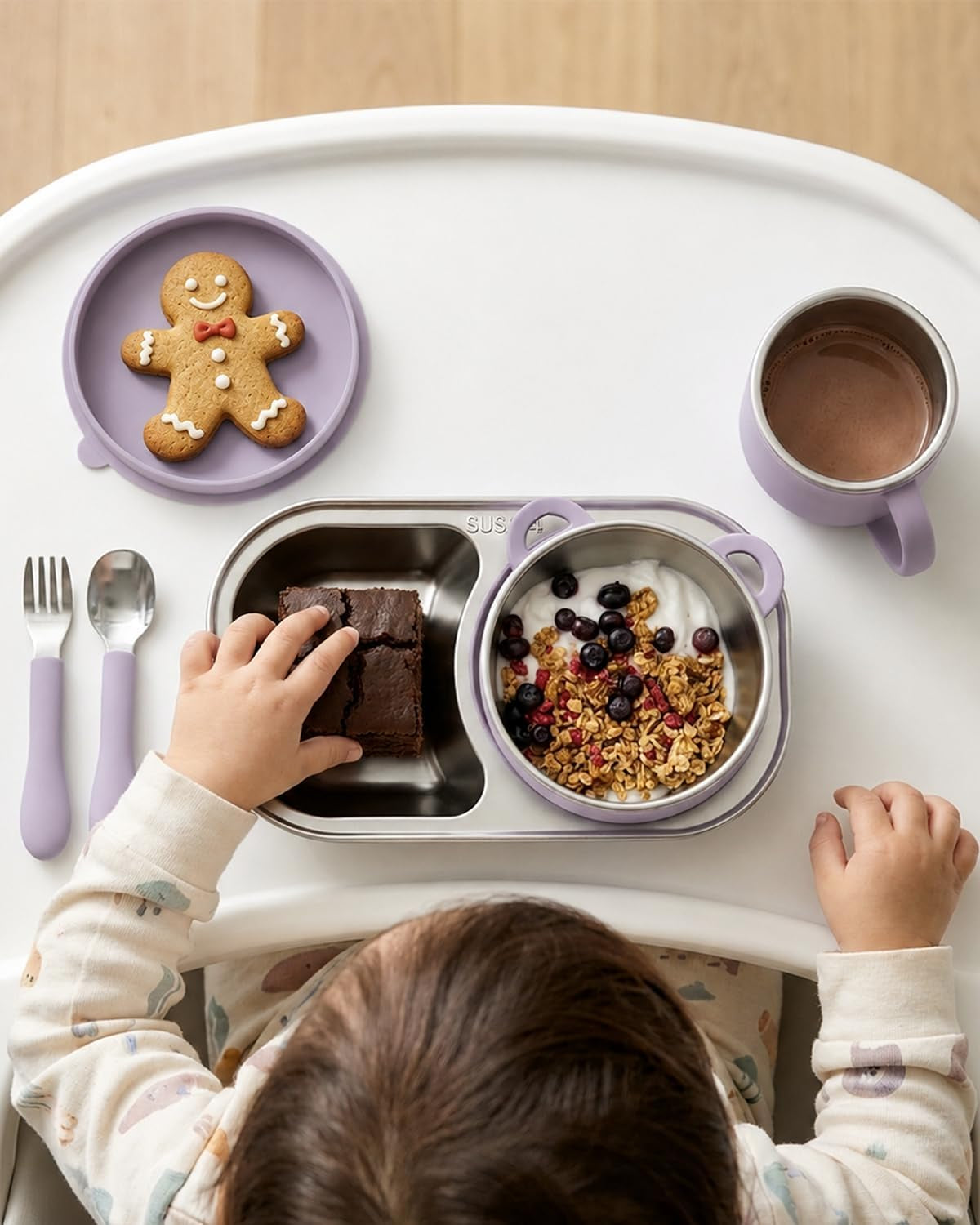 Stainless Steel Baby Feeding Set with Detachable Suction Base, Toddler Plates, Bowl, Cup & Kids Utensils, Grow-With-Baby Feeding Essentials for Self Feeding, Toddler Dinnerware Snack, Lilac