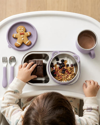 Stainless Steel Baby Feeding Set with Detachable Suction Base, Toddler Plates, Bowl, Cup & Kids Utensils, Grow-With-Baby Feeding Essentials for Self Feeding, Toddler Dinnerware Snack, Lilac