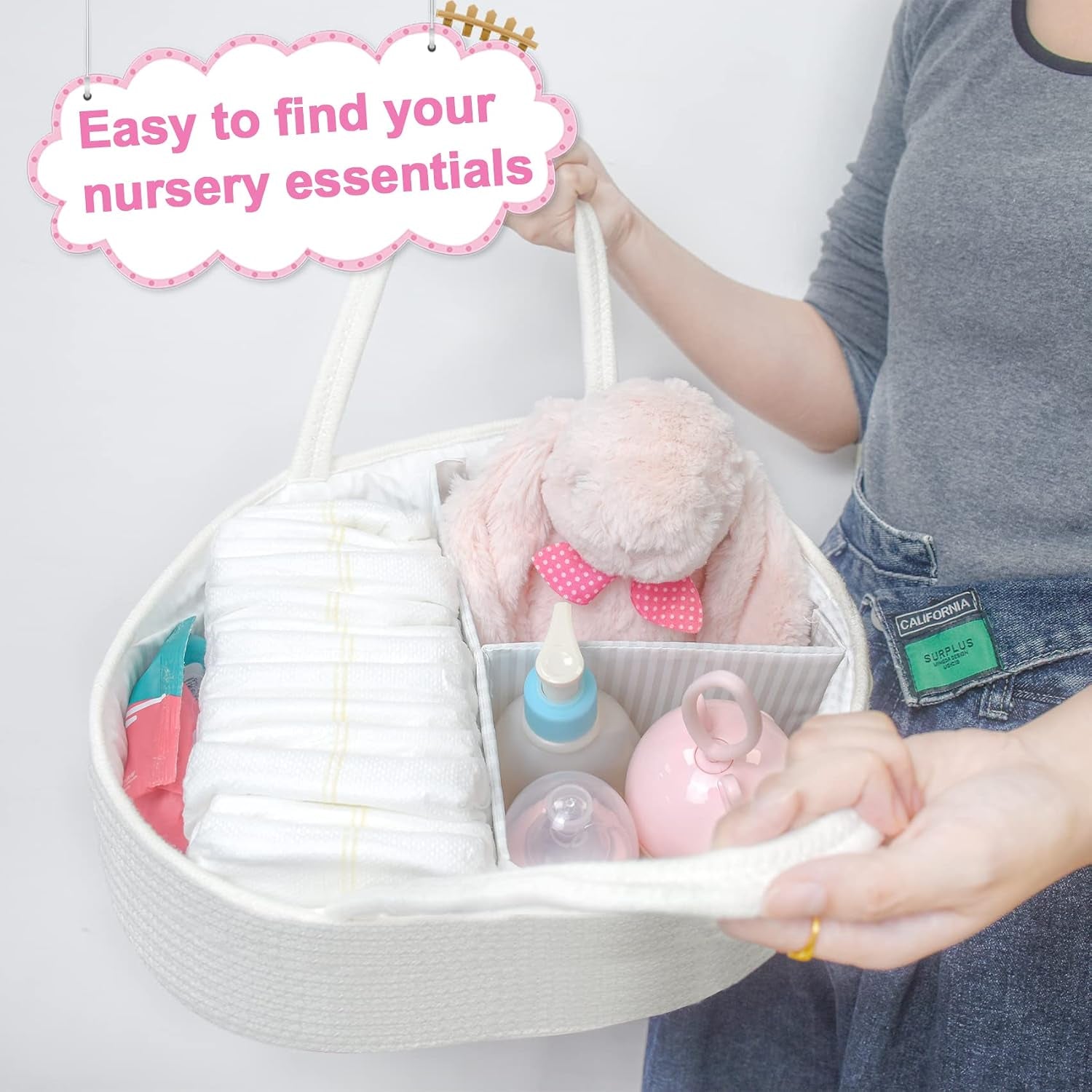 Baby Diaper Caddy, Nursery Storage Bin and Car Organizer for Diapers Wipes, Cotton Rope Basket Changing Table Caddy