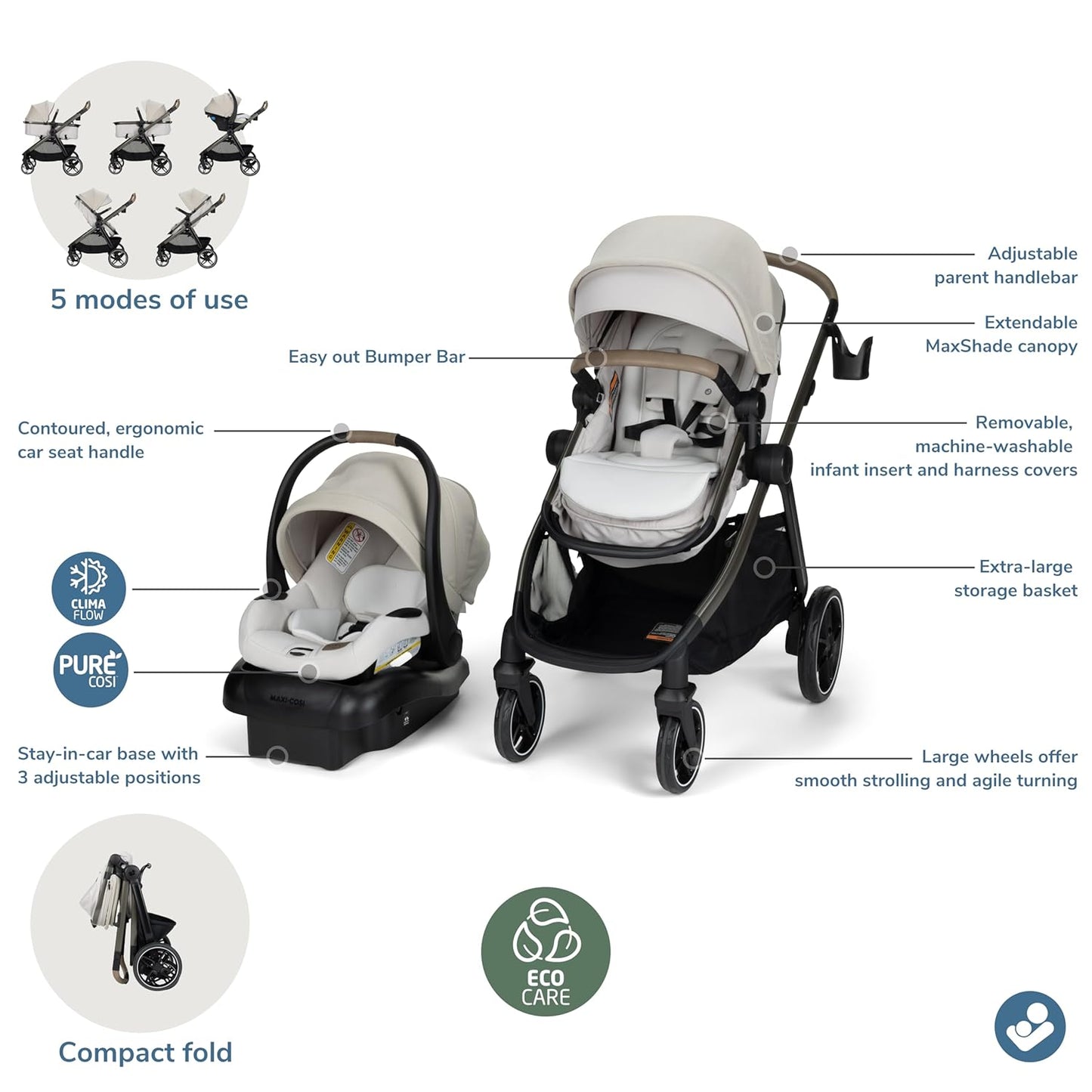 Zelia Pro 5-In-1 Travel System with Mico Pro Infant Car Seat and Baby Stroller Combo, Reversible Seat, Large Wheels, Adjustable Handle, Newborn to Toddler, Lightweight, Classic Oat