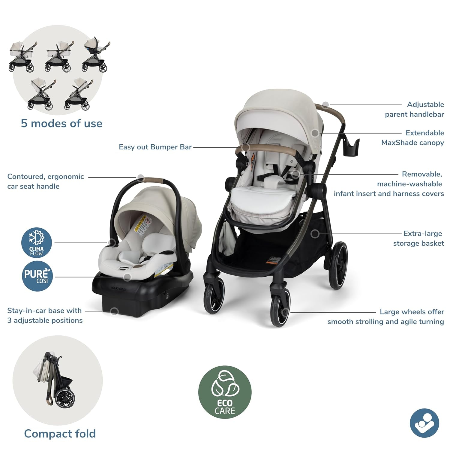 Zelia Pro 5-In-1 Travel System with Mico Pro Infant Car Seat and Baby Stroller Combo, Reversible Seat, Large Wheels, Adjustable Handle, Newborn to Toddler, Lightweight, Classic Oat