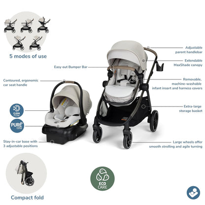 Zelia Pro 5-In-1 Travel System with Mico Pro Infant Car Seat and Baby Stroller Combo, Reversible Seat, Large Wheels, Adjustable Handle, Newborn to Toddler, Lightweight, Classic Oat