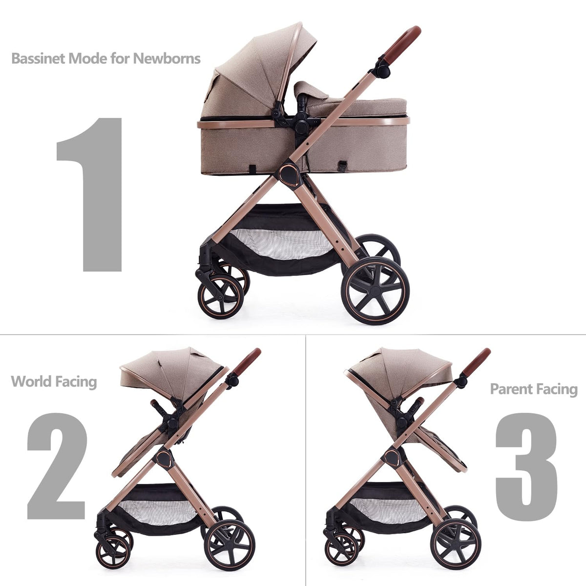 2 in 1 Baby Stroller, Newborn Infant Toddler Convertible Pram Stroller for 0-36 Months Old Babies (Beige)