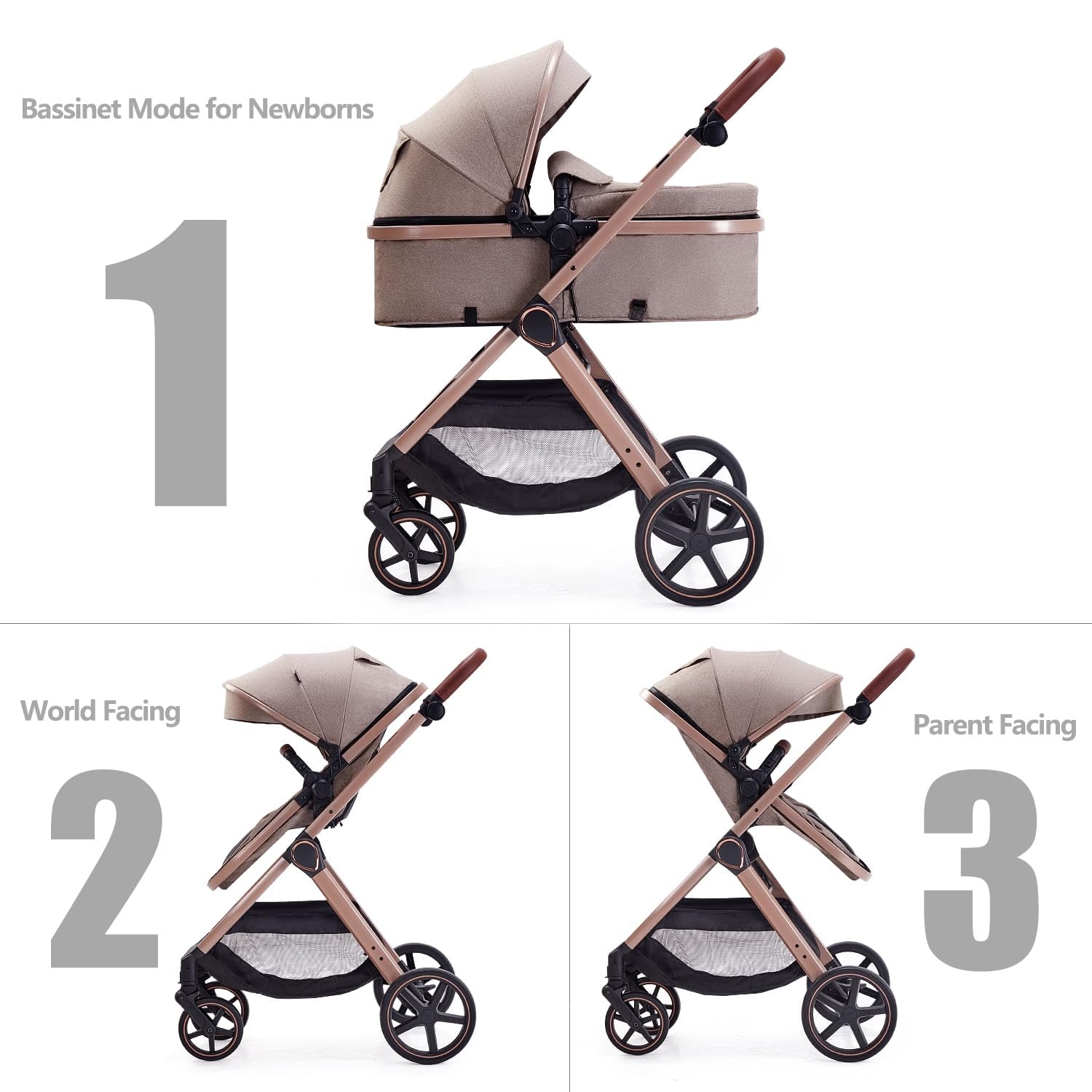 2 in 1 Baby Stroller, Newborn Infant Toddler Convertible Pram Stroller for 0-36 Months Old Babies (Beige)