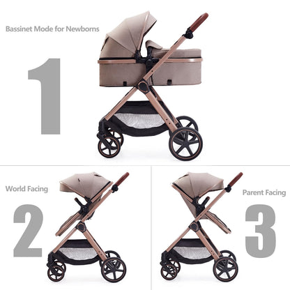 2 in 1 Baby Stroller, Newborn Infant Toddler Convertible Pram Stroller for 0-36 Months Old Babies (Beige)