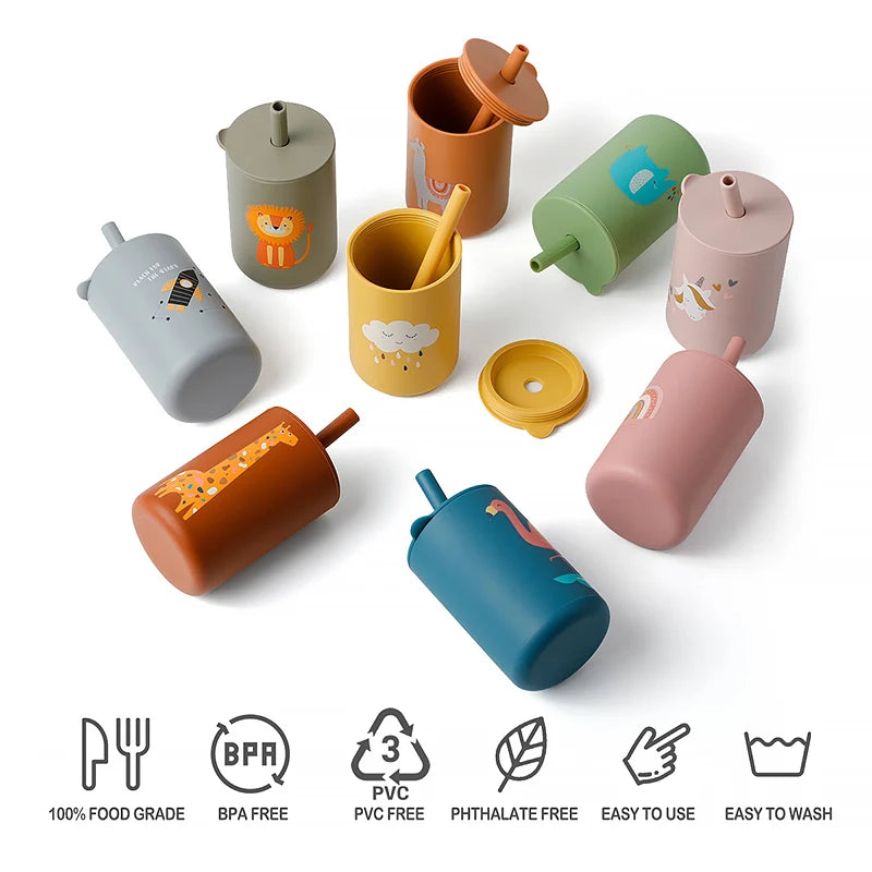 1PC Baby Feeding Drinkware Straw Cup Baby Cartoon Learning Feeding Cup Food Grade Silicone Toddler Water Bottle Tableware