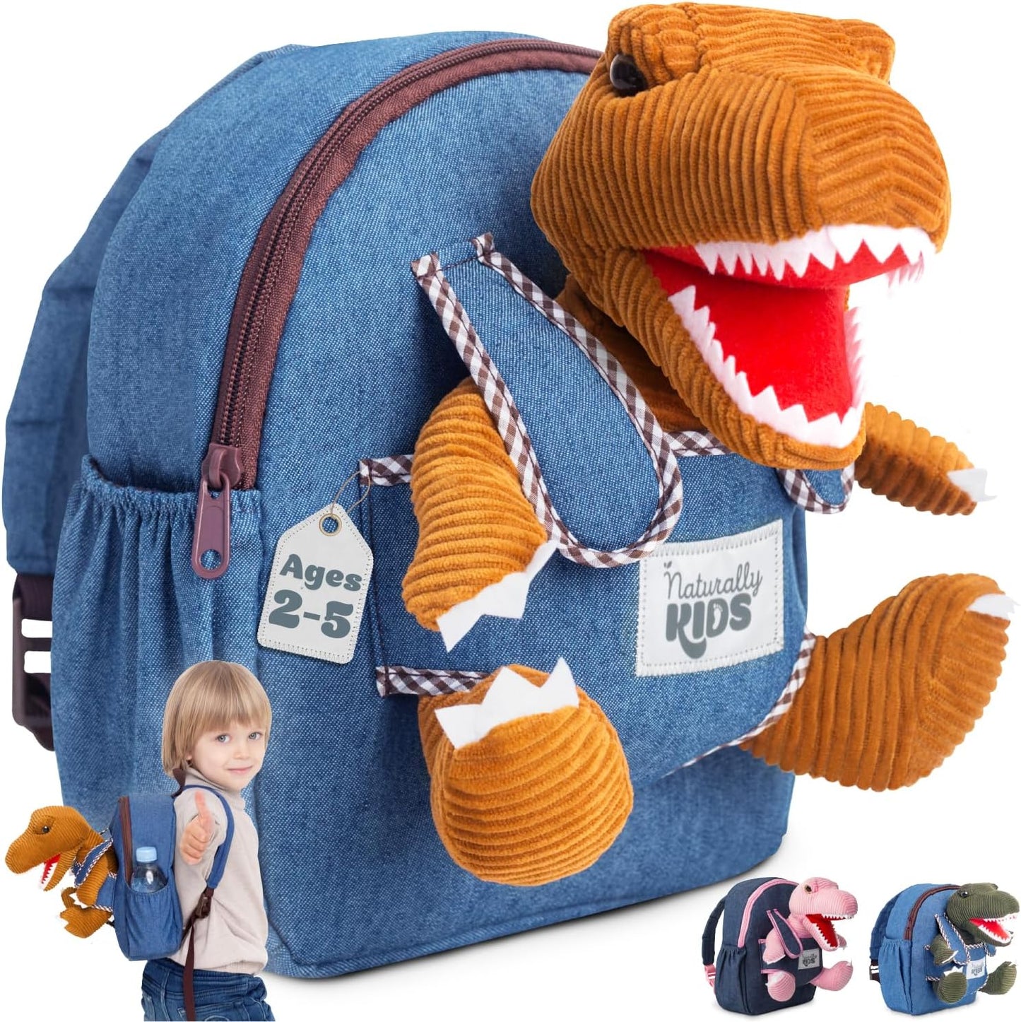 Toddler Backpack with Detachable Dinosaur Toy for Boys | Side & Inner Pockets, Reflective Logo | Dinosaur Backpack for Kids 3-5