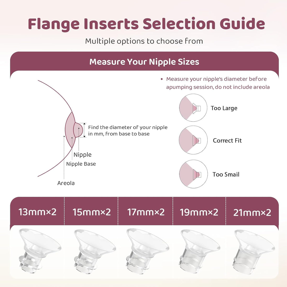 Flange Sizing Kit, Flange Inserts for 24Mm Breast Pumps, 10PCS | 13/15/17/19/21Mm, Includes Nipple Sizer for Flanges to Find the Right Fit, Soft Silicone for Comfortable & Efficient Pumping