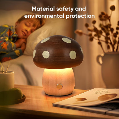 2Pack Wood Small Mushroom Table Lamp, LED Rechargeable Cordless Touch Bedside Lamps, Wireless Stepless Dimming Night Light, Portable Battery Lamp for Bedroom Nightstand for Birthday Gifts