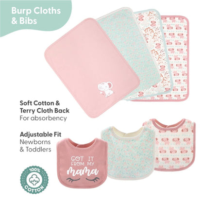 Baby Girl Pink Floral Elephant Cotton Layette Gift Set, Baby Clothes Essentials, 30-Piece