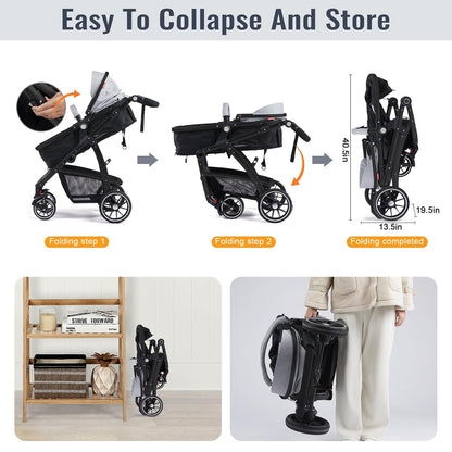Baby Stroller, 2-In-1 Reversible Toddlerseat with Lie-Flat Mode, Foldable Infant Stroller with Canopy, One Button Brake, Adjustable Handle, Newborn Pushchair (Gray B)