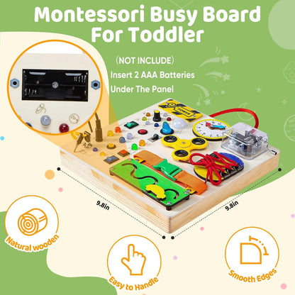 Busy Board Montessori Toys for 1 2 3 Years Old Toddler,Wooden Sensory Educational Fidget Board Toy with Led Light up Switches & Music Boxes,Travel Toys for 1+ Year Old Boy & Girl Birthday Gift