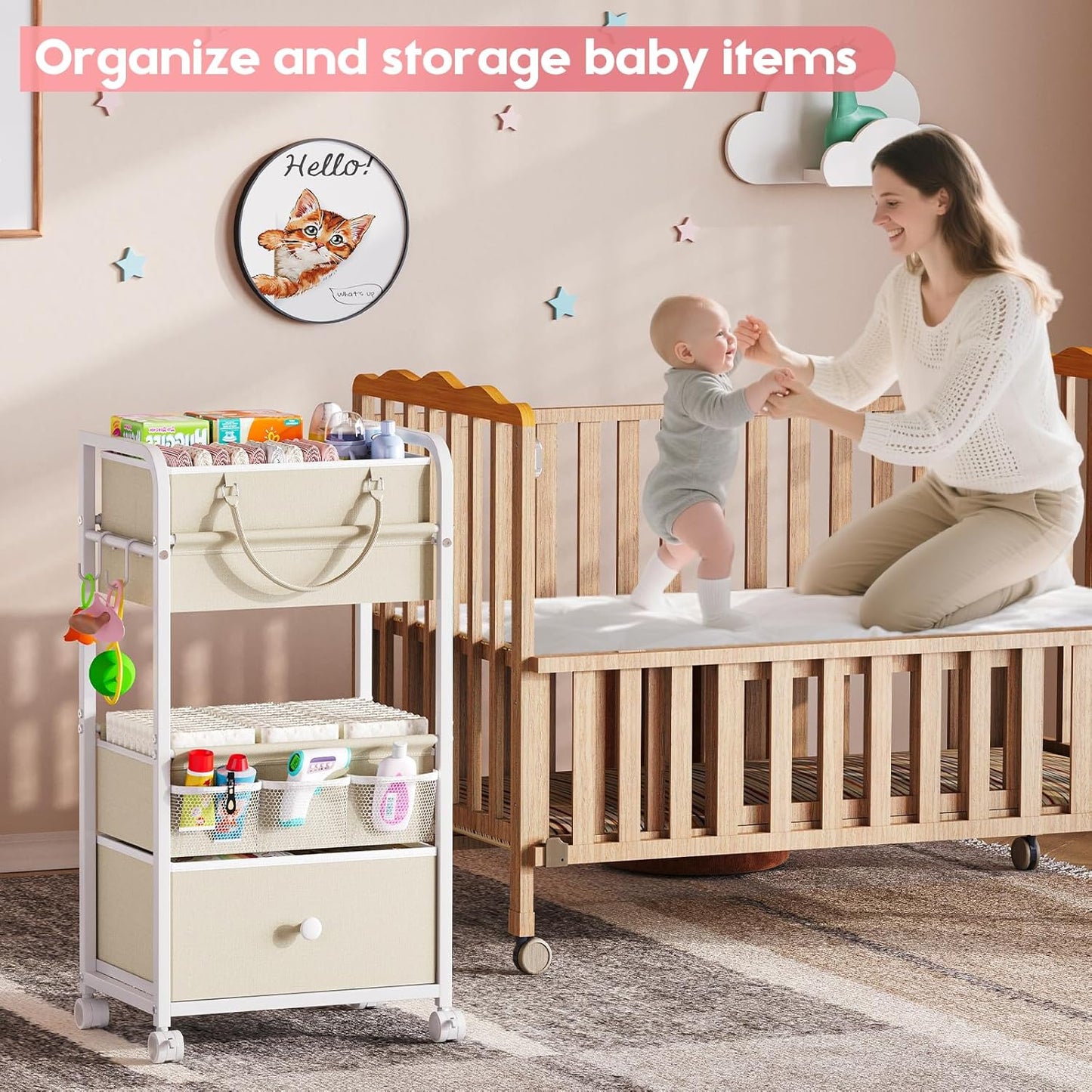 2In1 Baby Diaper Caddy Organizer and Storage, 3 Tier Rolling Cart with Drawer, Detachable Dividers, Mobile Utility Cart Baby Dresser Clothes Organizer for Baby Essentials, Bedroom, Nursery
