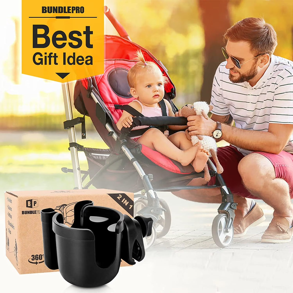 2-In-1 Wheelchair Cup Holder with Phone Rack for Baby Stroller of 1 Car Seat,Black