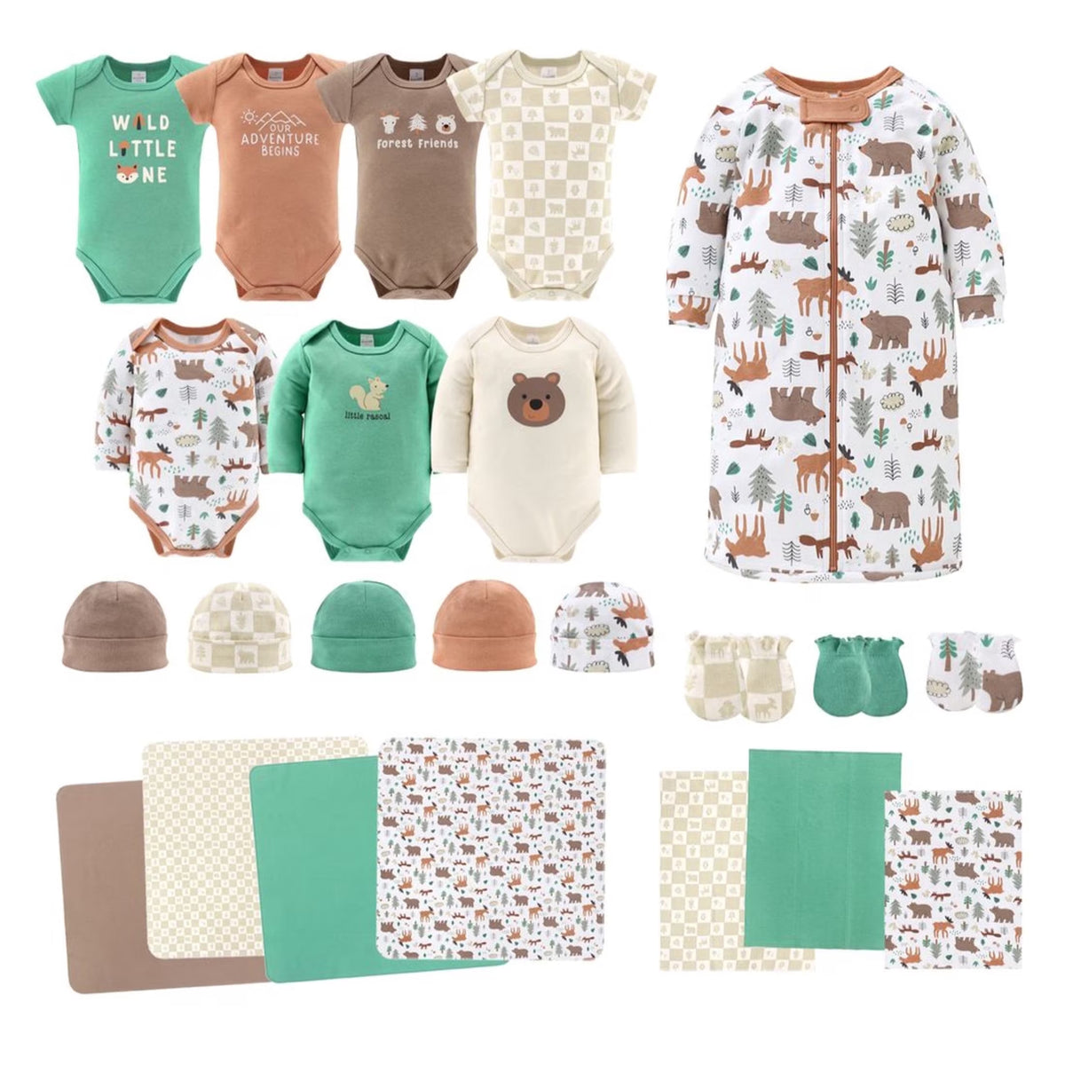 Baby Boy Woodland Animals Cotton Layette Gift Set, Baby Clothes Essentials, 23 Piece