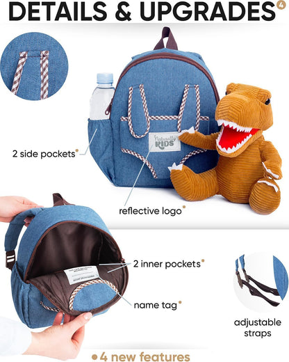 Toddler Backpack with Detachable Dinosaur Toy for Boys | Side & Inner Pockets, Reflective Logo | Dinosaur Backpack for Kids 3-5