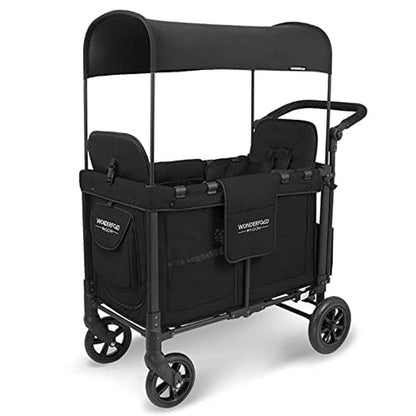 W2 Stroller Wagon, Steel Frame, 2 Seater, Black | Foldable Wagon with an Adjustable Canopy & Push Handle, All-Terrain Wheels & 5-Point Harnesses for Babies, Toddlers & Kids