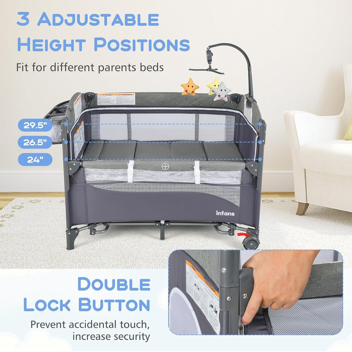 Pack and Play, 5 in 1 Baby Bedside Sleeper with Bassinet, Diaper Changer, Mattress, Carry Bag, Music Box Hanging Toys, Foldable Bedside Crib, Portable Playard for Newborn Toddlers (Classic)