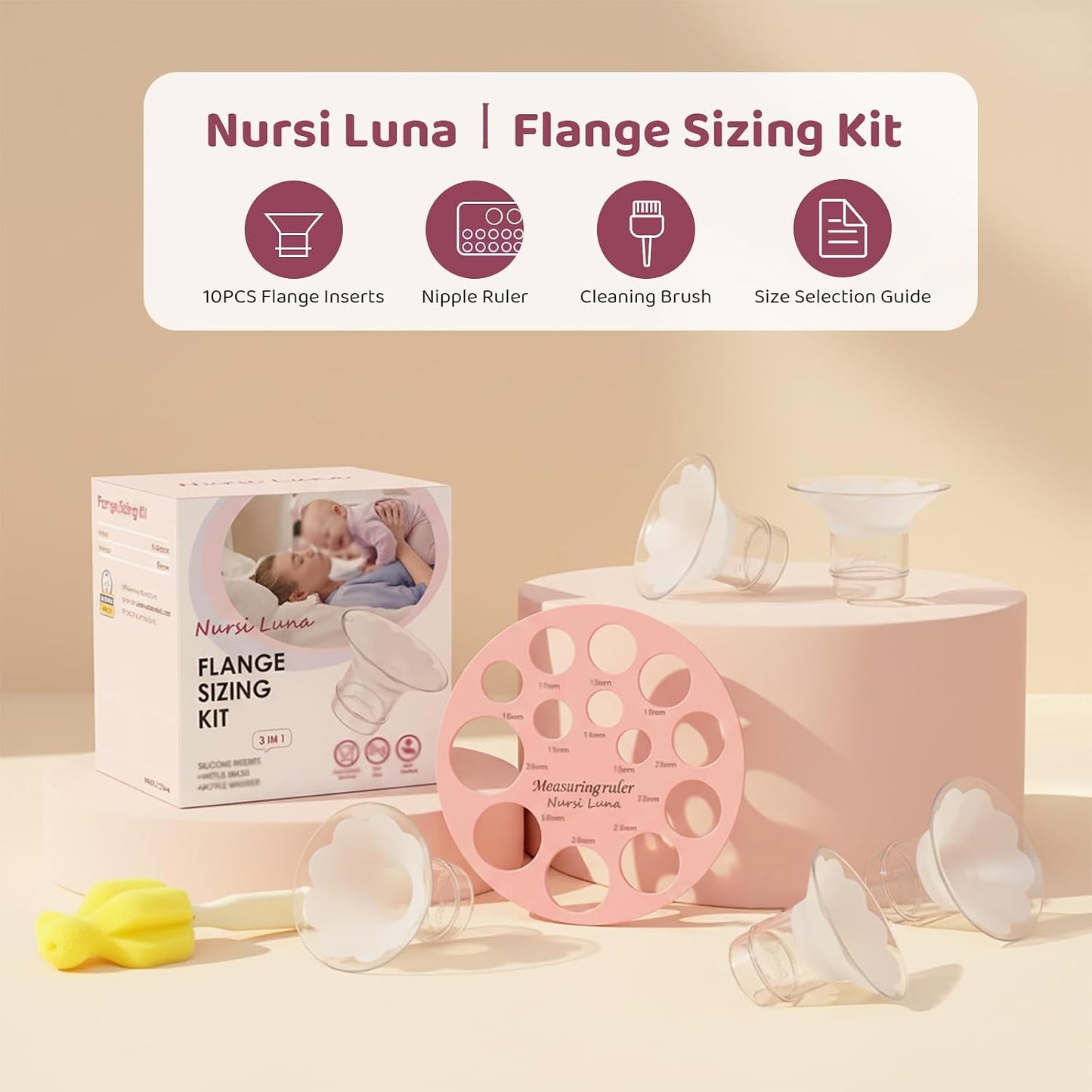 Flange Sizing Kit, Flange Inserts for 24Mm Breast Pumps, 10PCS | 13/15/17/19/21Mm, Includes Nipple Sizer for Flanges to Find the Right Fit, Soft Silicone for Comfortable & Efficient Pumping