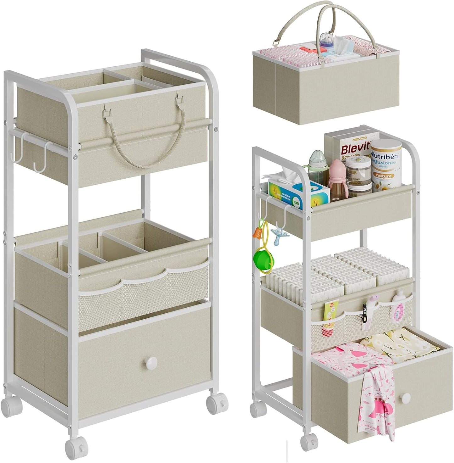 2In1 Baby Diaper Caddy Organizer and Storage, 3 Tier Rolling Cart with Drawer, Detachable Dividers, Mobile Utility Cart Baby Dresser Clothes Organizer for Baby Essentials, Bedroom, Nursery