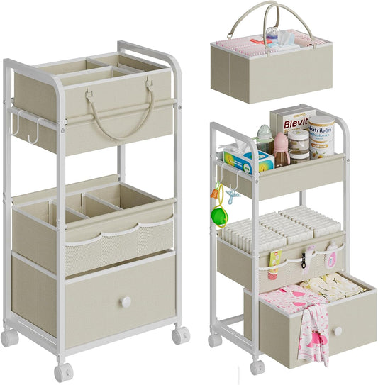 2In1 Baby Diaper Caddy Organizer and Storage, 3 Tier Rolling Cart with Drawer, Detachable Dividers, Mobile Utility Cart Baby Dresser Clothes Organizer for Baby Essentials, Bedroom, Nursery