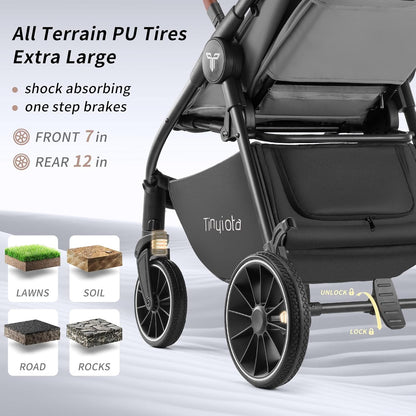 Stroller for Babies,Toddler Strollers with Large UPF 50+ Canopy,Luxury Baby Stroller with Leather Handle & Spacious Seat, One-Hand Foldable Pushchair,Baby Carriage with Lie-Flat Mode(Gray)