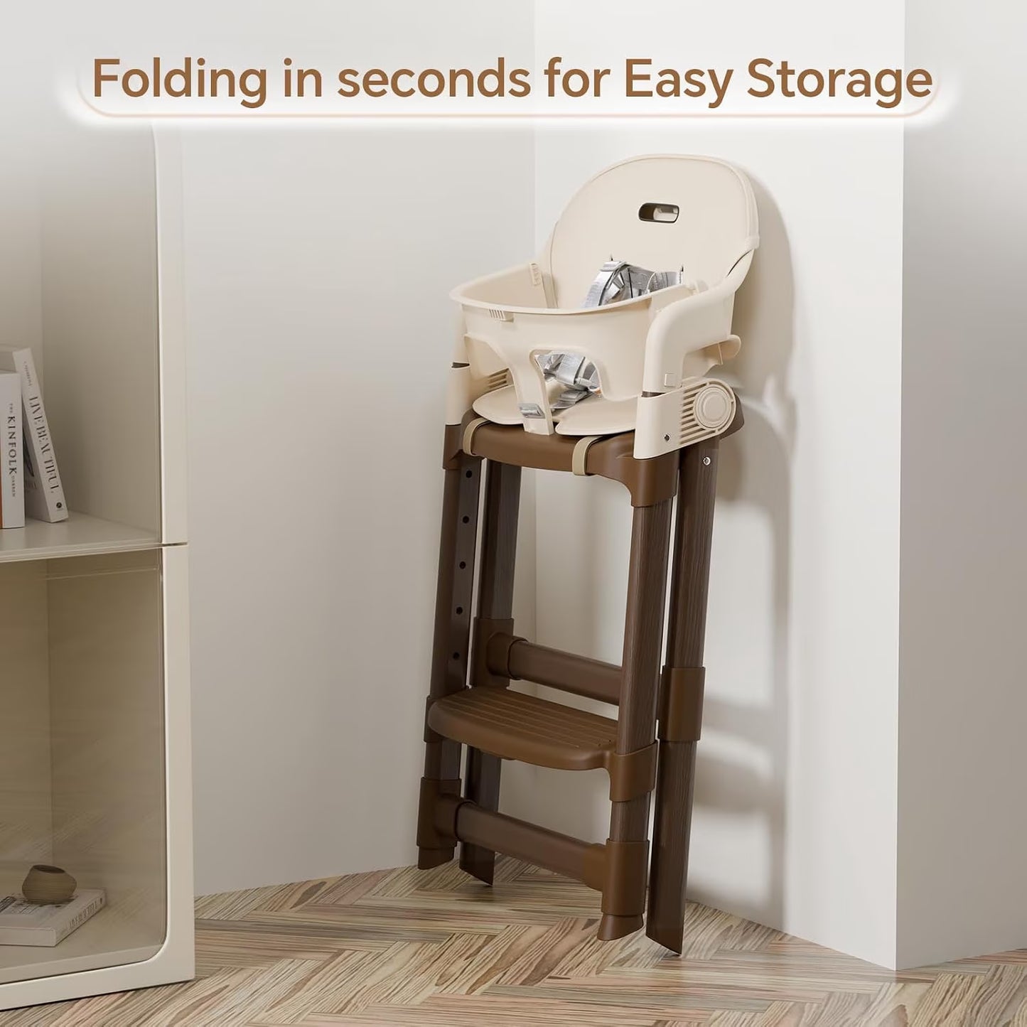 Foldable High Chair for Baby, Easy-To-Clean Feeding Chair with Removable Tray, Adjustable Legs and Seat Belt for Infant Toddlers,Beige