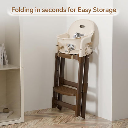 Foldable High Chair for Baby, Easy-To-Clean Feeding Chair with Removable Tray, Adjustable Legs and Seat Belt for Infant Toddlers,Beige