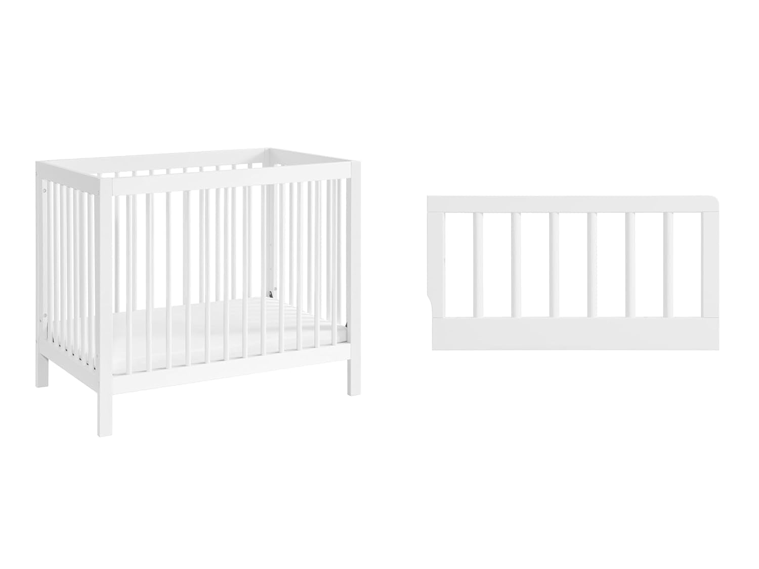 2 PC Nursery Set Essentials Island Mini 4-In-1 Convertible Baby Crib with round Spindles, White Essentials Mini Crib to Toddler Bed Guard Rail Conversion Kit, White