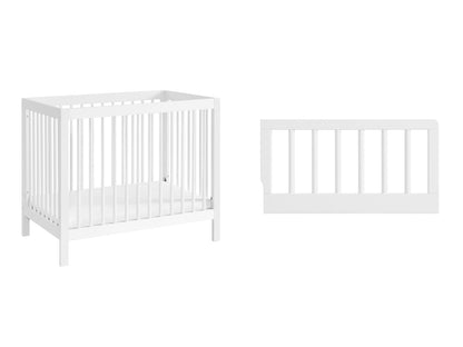 2 PC Nursery Set Essentials Island Mini 4-In-1 Convertible Baby Crib with round Spindles, White Essentials Mini Crib to Toddler Bed Guard Rail Conversion Kit, White