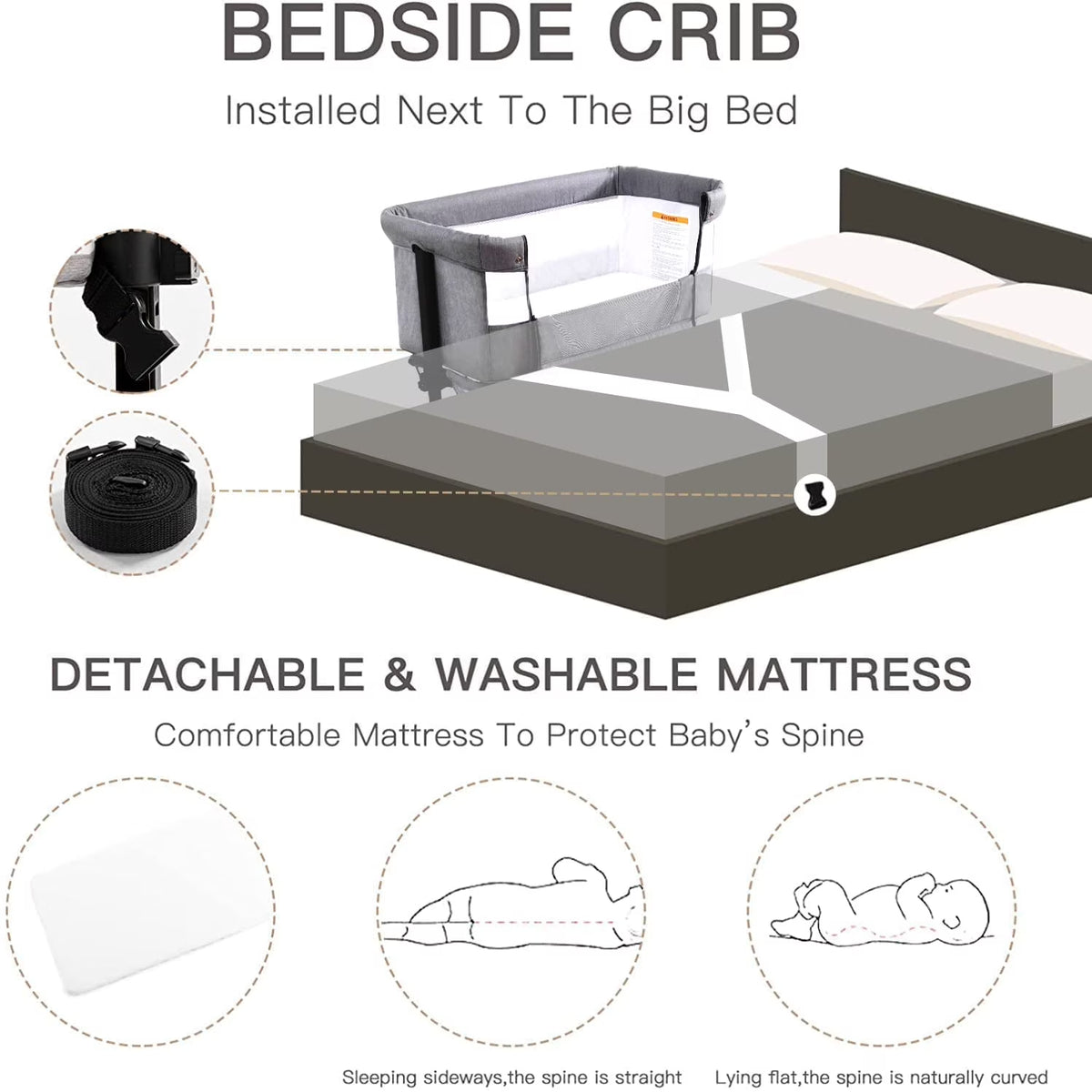 Baby Bassinet 3 in 1 Adjustable Bedside Sleeper Bed for Infant Baby with Breathable Net, Gray