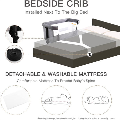 Baby Bassinet 3 in 1 Adjustable Bedside Sleeper Bed for Infant Baby with Breathable Net, Gray