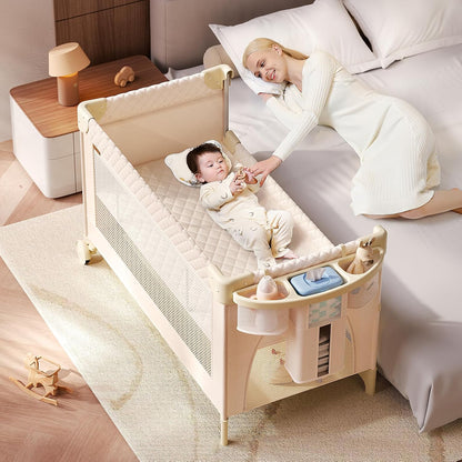 Baby Bassinet,Pack and Play,Bedside Crib Sleeper,Diaper Changer | One-Step Fold, Large Size Pack N Play, Comes with Mattress, Mosquito Net, Side Storage and Toy Bar, for Newborn to Toddler