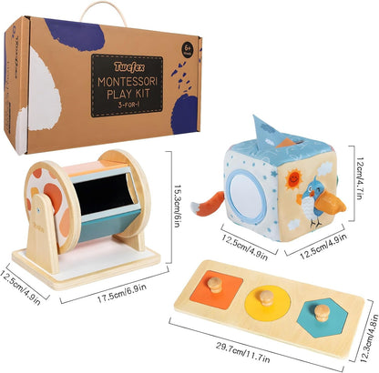 Montessori Toys for Babies 6-12 Months - 3 in 1 Baby Toys Play Kit - Medium Spinning Drum - Baby Tissue Box Toy - Peekaboo Knob Puzzle with Cards - Learning Educational Toy for Boys and Girls