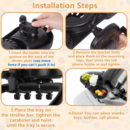 Universal Stroller Snack Tray, Baby Stroller Tray Attachment | 4-In-1 Stroller Tray with Cup Holder and Phone Holder, 360°Rotating Design Compatible with Popular Baby Strollers