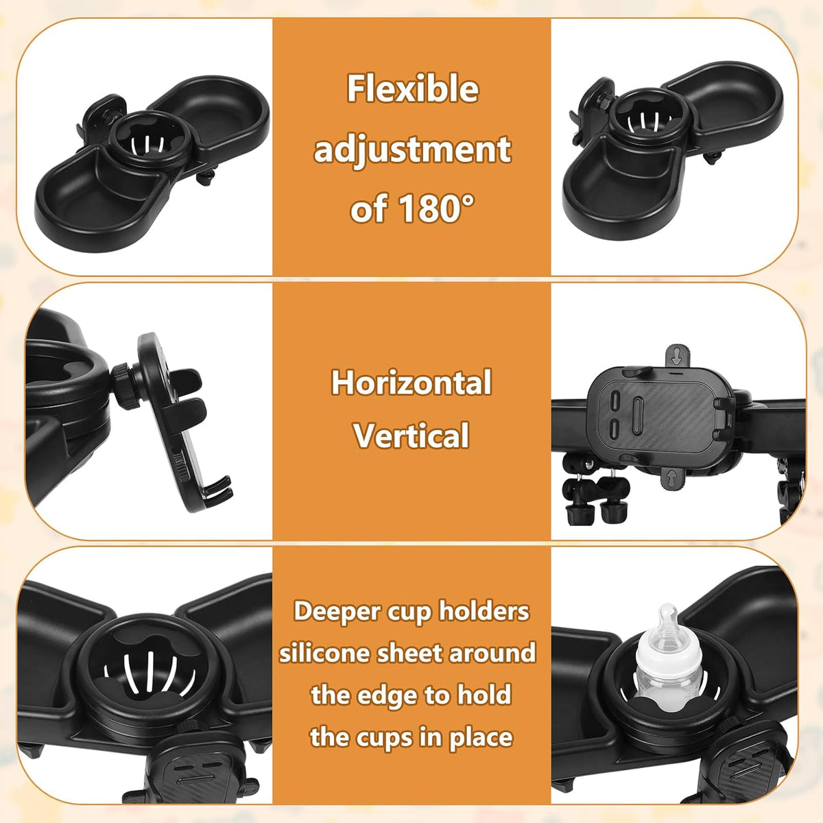 Universal Stroller Snack Tray, Baby Stroller Tray Attachment | 4-In-1 Stroller Tray with Cup Holder and Phone Holder, 360°Rotating Design Compatible with Popular Baby Strollers