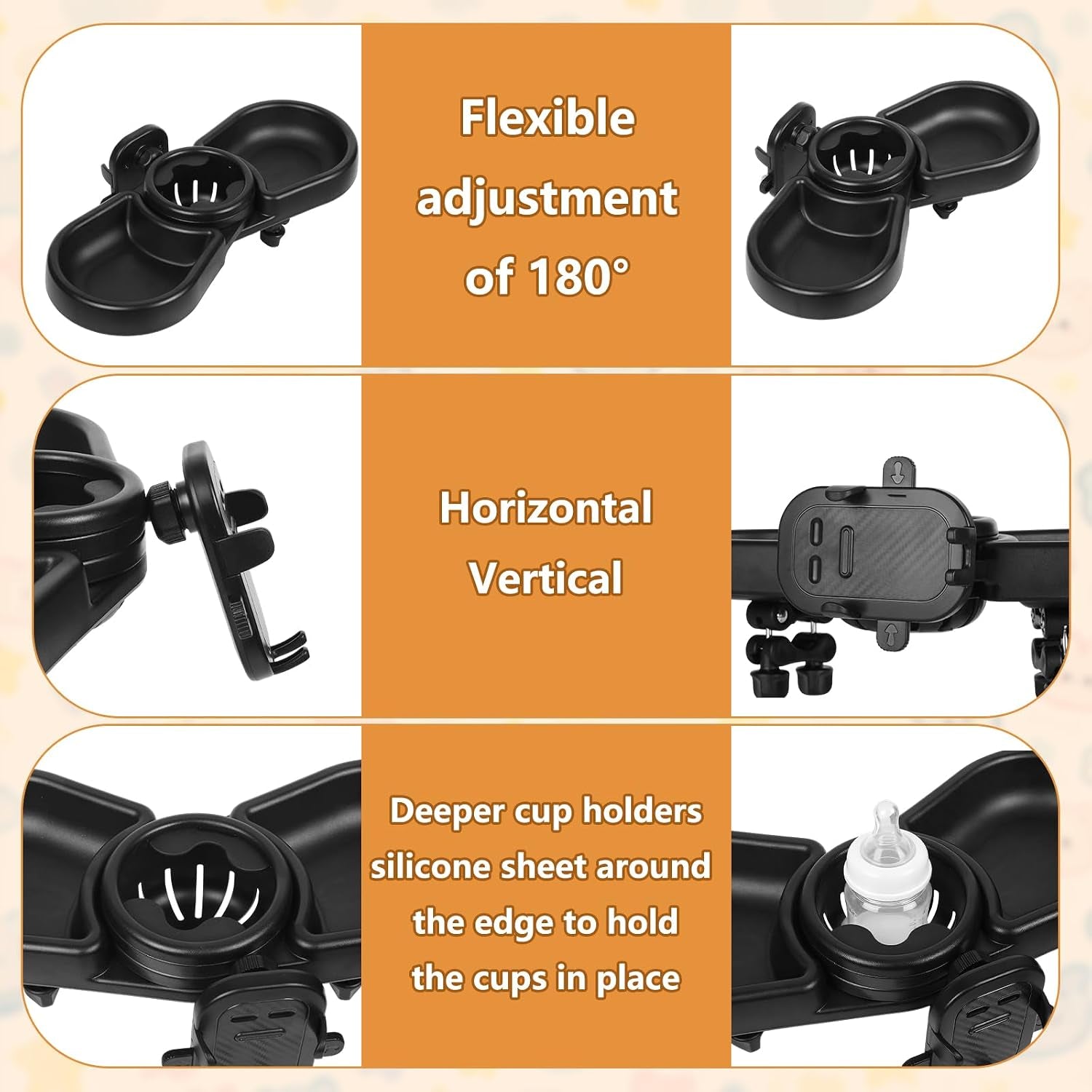 Universal Stroller Snack Tray, Baby Stroller Tray Attachment | 4-In-1 Stroller Tray with Cup Holder and Phone Holder, 360°Rotating Design Compatible with Popular Baby Strollers