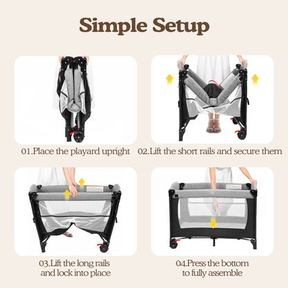 Foldable Baby Bedside Crib Bassinet, Infant Pack and Play Playard, Newborn Playpen Changing Table,Gray