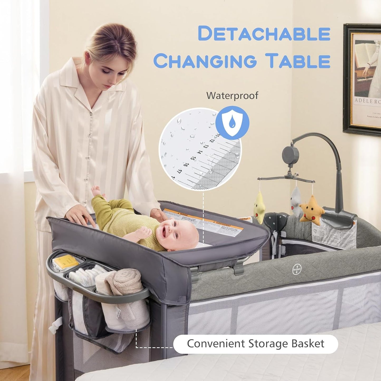 Pack and Play, 5 in 1 Baby Bedside Sleeper with Bassinet, Diaper Changer, Mattress, Carry Bag, Music Box Hanging Toys, Foldable Bedside Crib, Portable Playard for Newborn Toddlers (Classic)