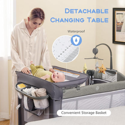 Pack and Play, 5 in 1 Baby Bedside Sleeper with Bassinet, Diaper Changer, Mattress, Carry Bag, Music Box Hanging Toys, Foldable Bedside Crib, Portable Playard for Newborn Toddlers (Classic)