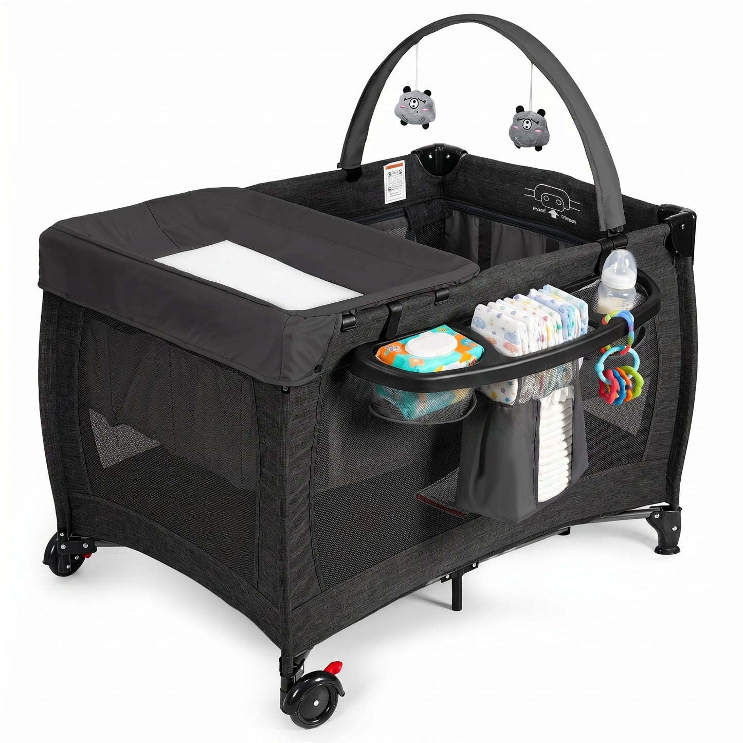 Baby Playard with Detachable Infant Bassinet and Changing Table, Foldable Travel Play Yard with Storage Basket and Wheels,Black